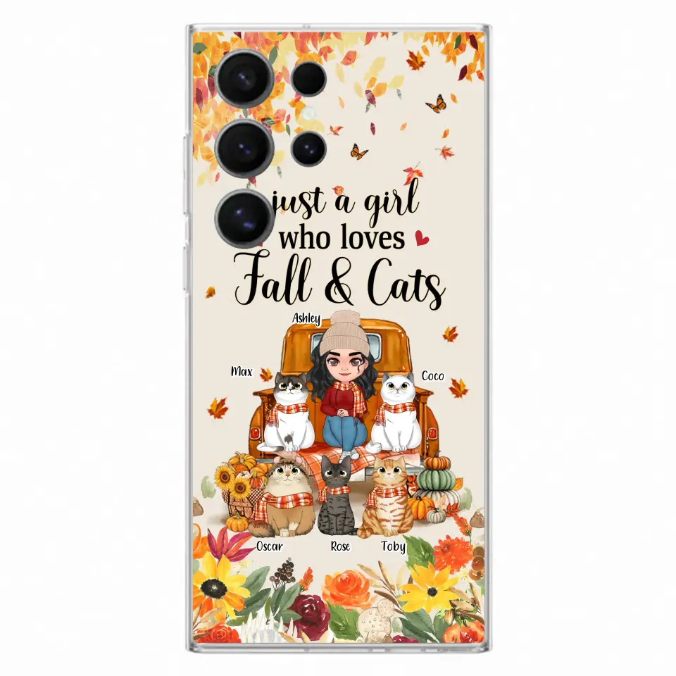 Custom Personalized Cat Mom Autumn Phone Case - Gift Idea For Cat Owners - Upto 5 Cats - Case For iPhone/Samsung - Just A Girl Who Loves Fall & Cats