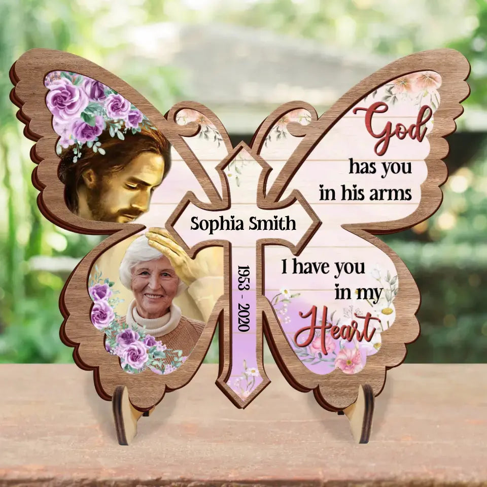 Personalized Memorial Photo Wooden Art - Memorial Gift Idea - God Has You In His Arms I Have You In My Heart