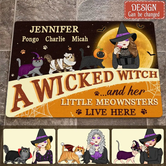 Personalized Halloween Witch Cats Doormat - Gift Idea For Family/Pet Lover - Up to 6 Cats - A Wicked Witch And Her Little Meownsters Live Here