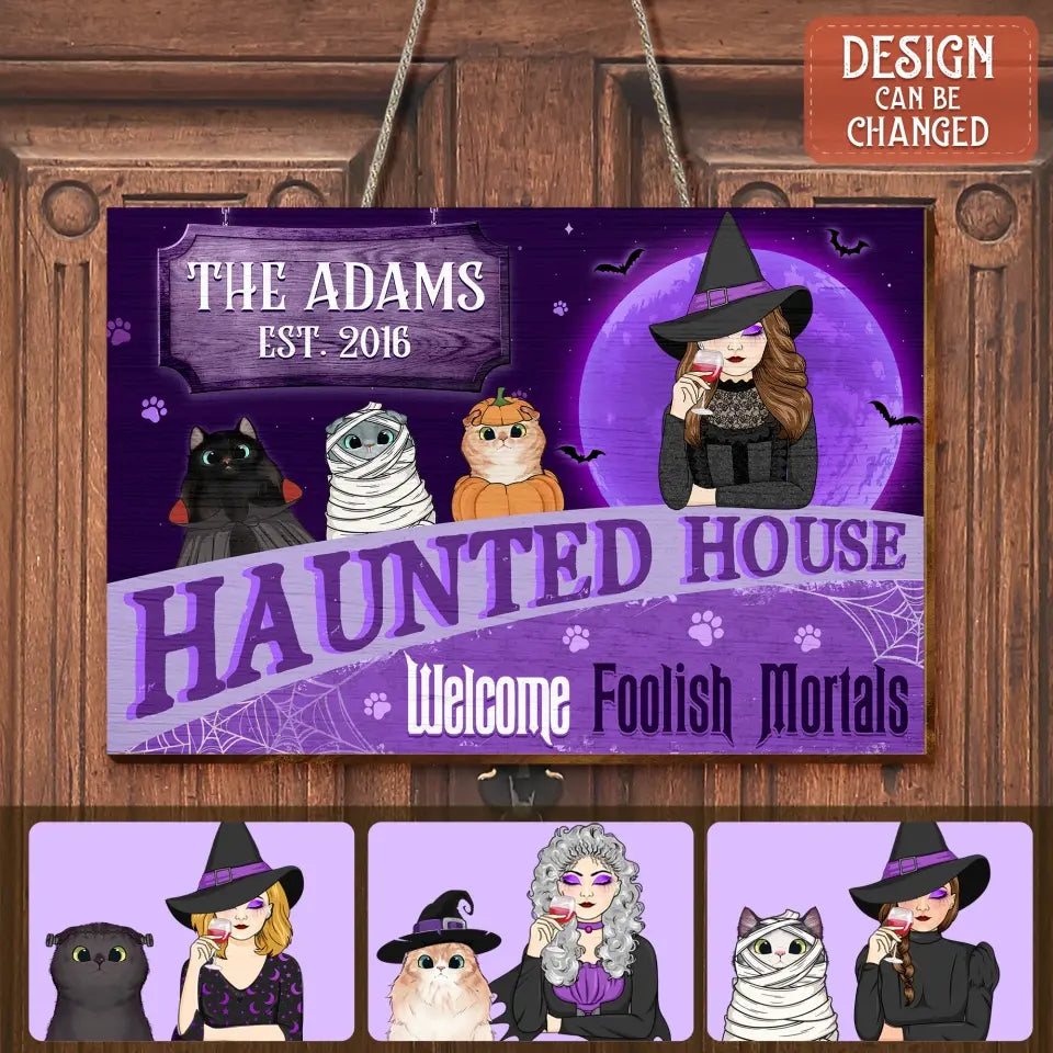Personalized Witch Cat Wooden Sign - Halloween Gift Idea For Family/Pet Lover - Up to 7 Cats - A Wicked Witch And Her Little Meownster Live Here