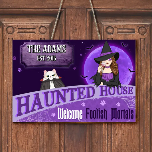 Personalized Witch Cat Wooden Sign - Halloween Gift Idea For Family/Pet Lover - Up to 7 Cats - A Wicked Witch And Her Little Meownster Live Here