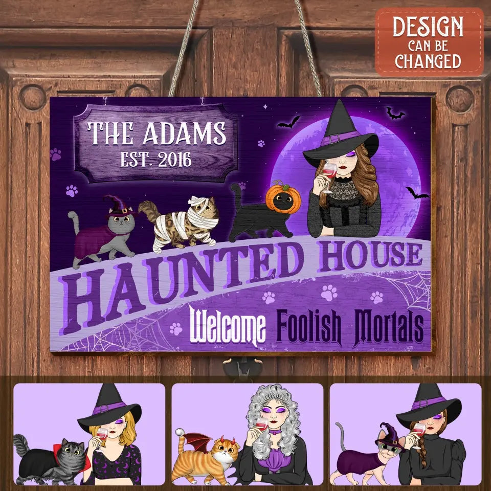 Personalized Witch Cat Wooden Sign - Halloween Gift Idea For Family/Pet Lover - Up to 6 Cats - A Wicked Witch And Her Little Meownster Live Here