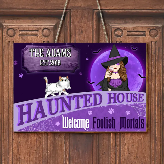Personalized Witch Cat Wooden Sign - Halloween Gift Idea For Family/Pet Lover - Up to 6 Cats - A Wicked Witch And Her Little Meownster Live Here