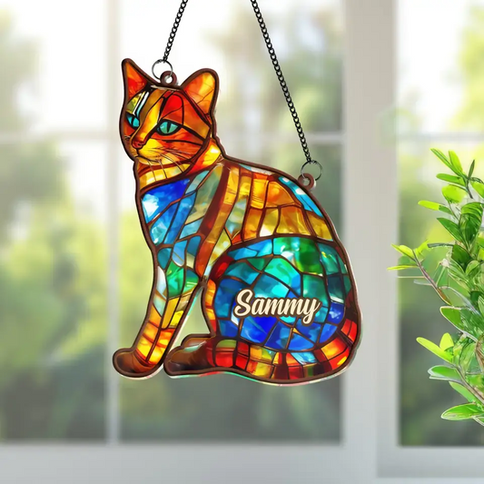 Personalized Cat Hanging Suncatcher Ornament - Custom Cat's Name - Gift Idea For Cat Owner