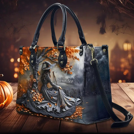 Custom Personalized Witches Broom PU Leather Handbag with Long Straps - Halloween Gift Idea For Woman/ Witch/ Friend