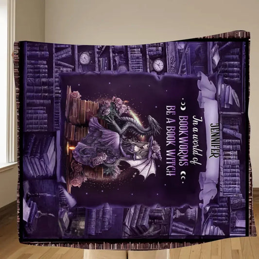 Personalized Book Witch Dragon Quilt/Fleece Throw Blanket - Gift Idea For Witch/Book Lover - In A World Of Book Worms Be A Book Witch