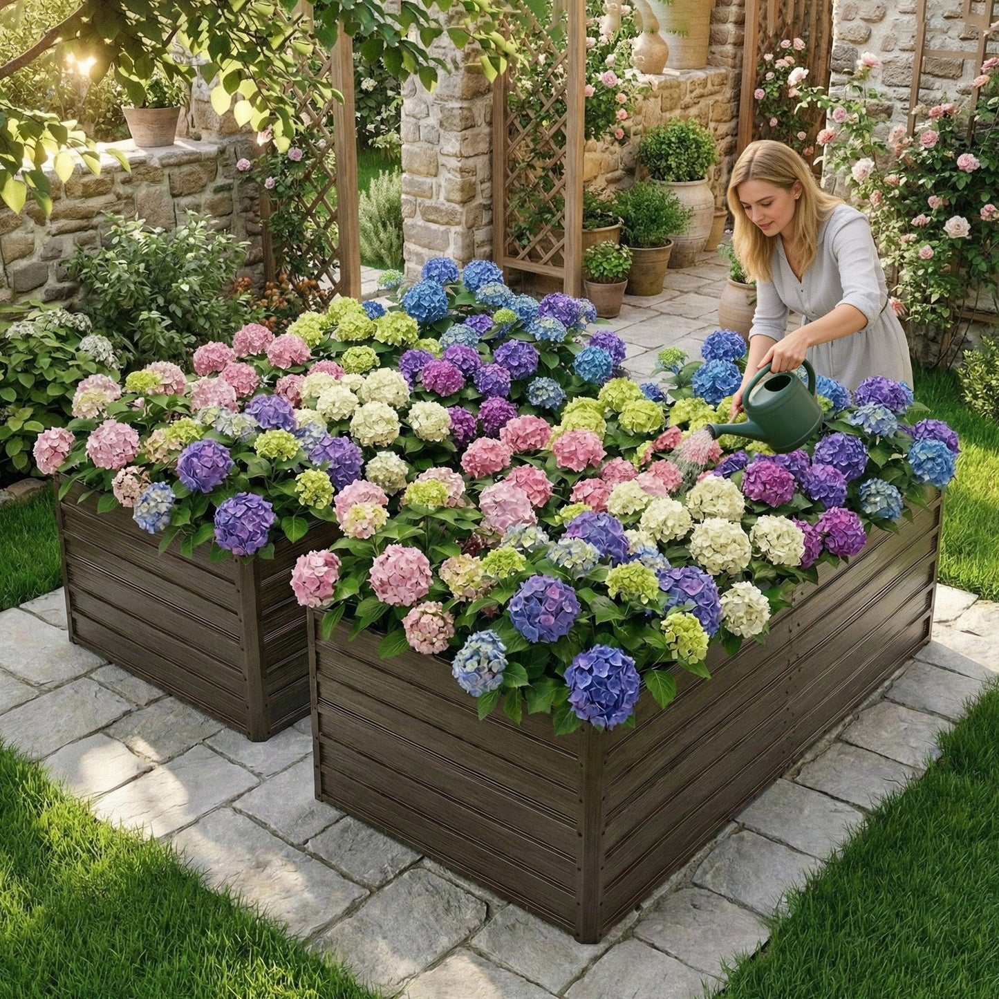 8x4x2 FT Woodgrain Galvanized Raised Garden Bed Set