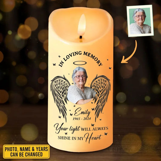 Personalized Memorial Led Candle - Upload Photo - Memorial Gift Idea For Family Member - Your Light Will Always Shine In My Heart