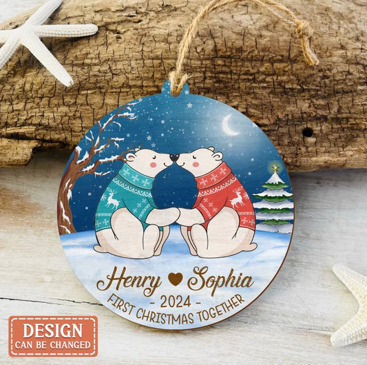 Personalized Family Bear Wooden Ornament - Christmas Gift Idea For Family/Parents With Kids - First Christmas Together