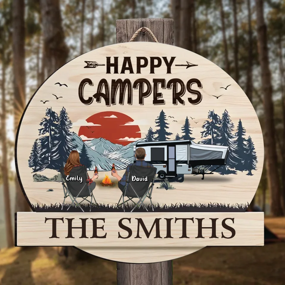 Personalized Camping Wooden Sign - Couple/Parents with Up to 2 Children & 3 Pets - Camping Lovers Gift - Happy Campers