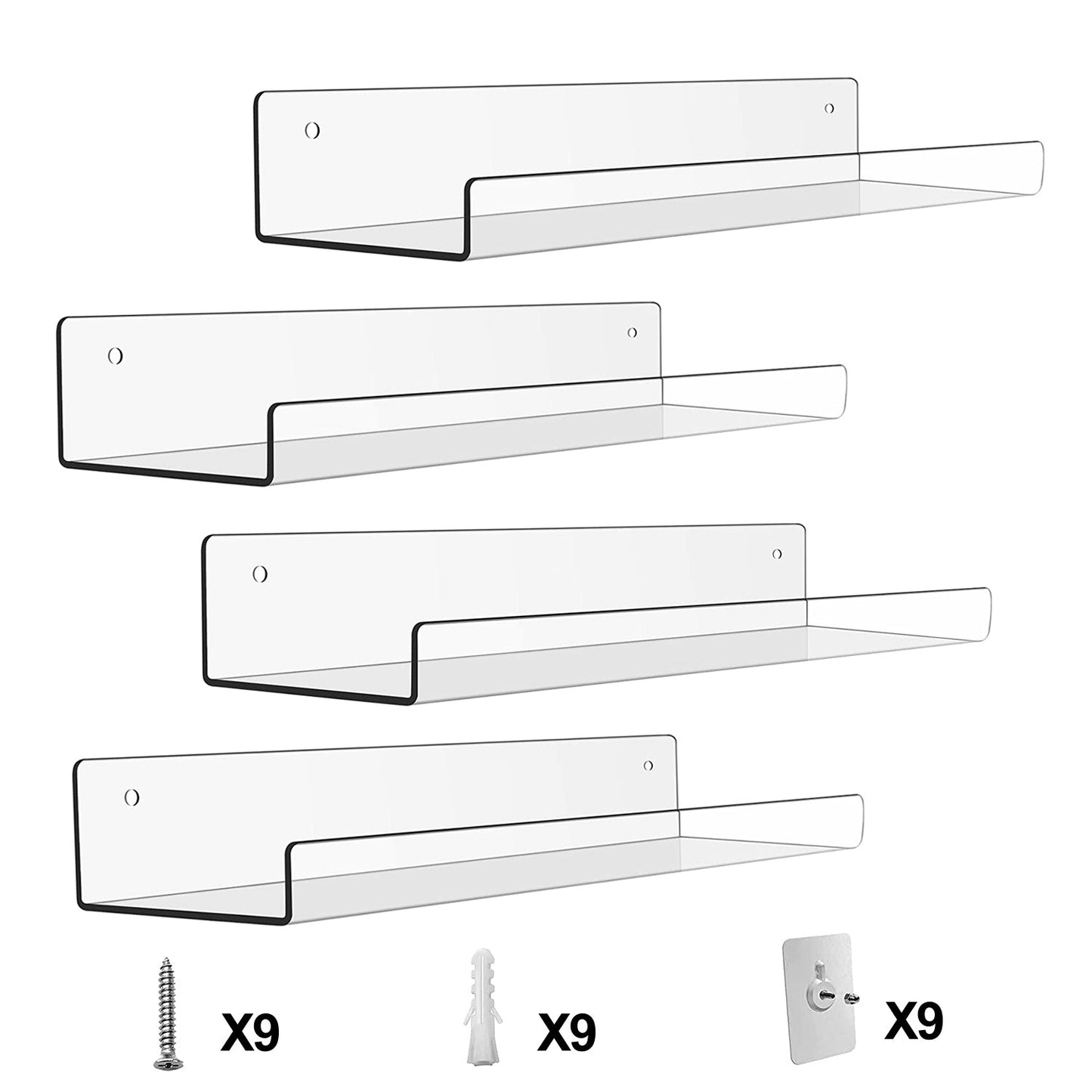 4 Pack 15In Clear Acrylic Floating Shelves Bookshelves with 2 Mounting Ways Wall Mounted Organizer for Kitchen Bathroom Study Living Room Bedroom Offi