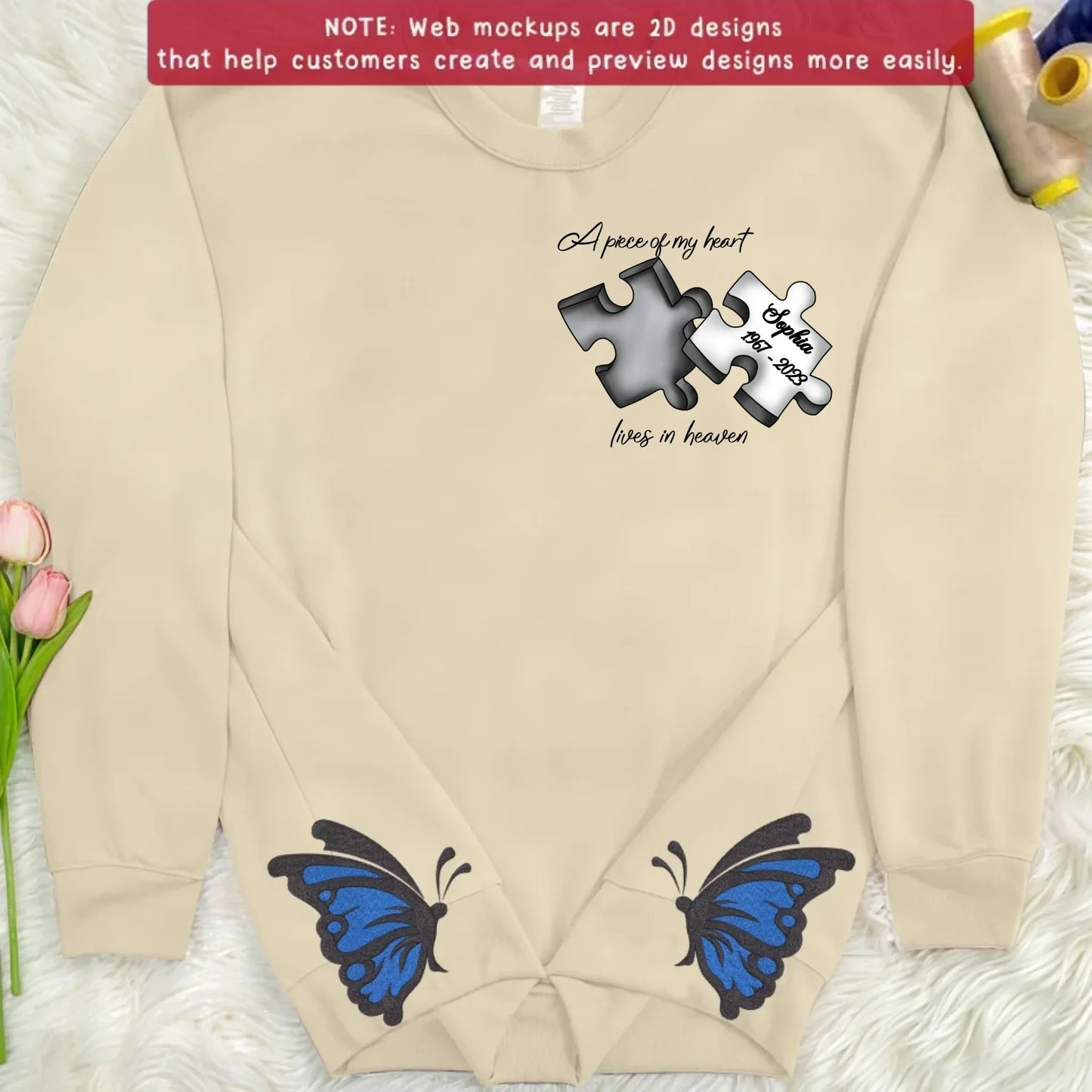 Personalized Memorial Side Bow Embroidered Sweatshirt - Memorial Gift Idea For Loss Of Mom/Dad - A Piece Of My Heart Lives In Heaven