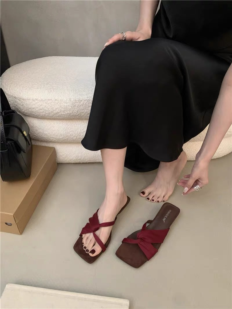Women French Unique Design Block Heel Slide Sandals, 2026 New Summer Square Toe Open Toe Mid Heel Outdoor Slippers