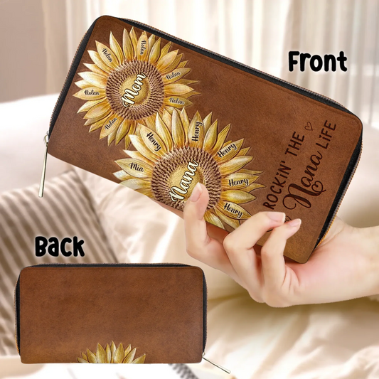 Personalized First Mom Now Grandma Sunflower Long Wallet - Best Mother's Day Gift Idea - Rockin's The Nana Life
