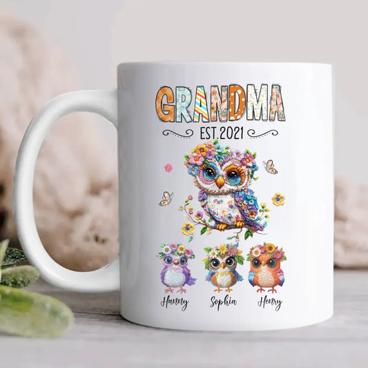 Personalized Owl Grandma Embroidered Effect Design Coffee Mug - Up to 6 Kids - Mother's Day Gift Idea for Grandma/Mom