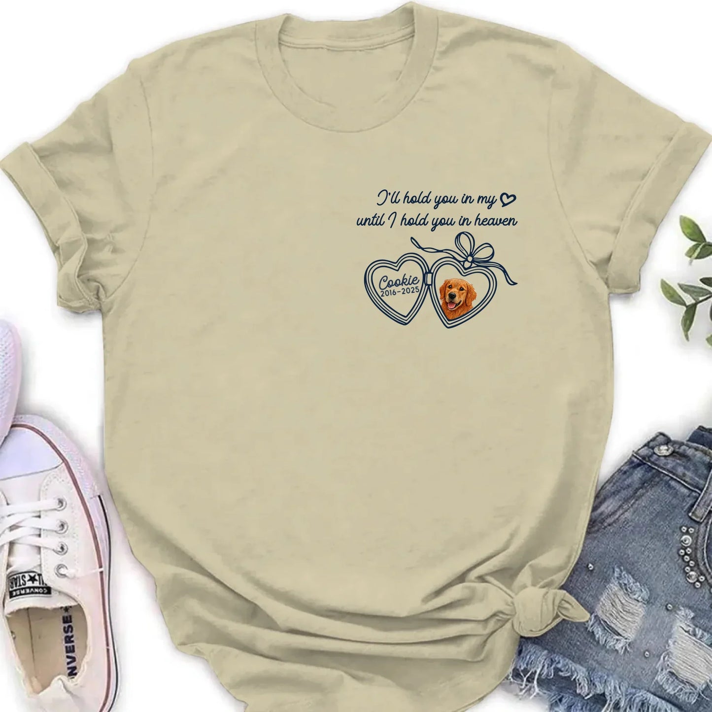 Custom Portrait Pet Face Memorial Embroidered Heart Locket T-Shirt - Memorial Gift Idea For Pet Owners - I'll Hold You In My Heart Until I Hold You In Heaven