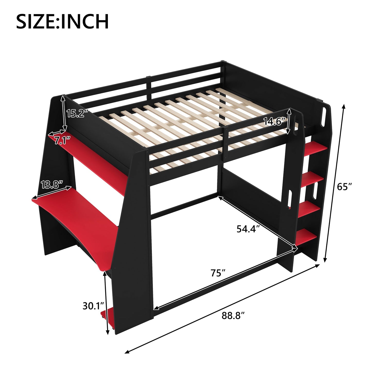 Full Size Wooden Gaming Bunk Bed with Desk, Two Storage Shelves, USB and LED Light