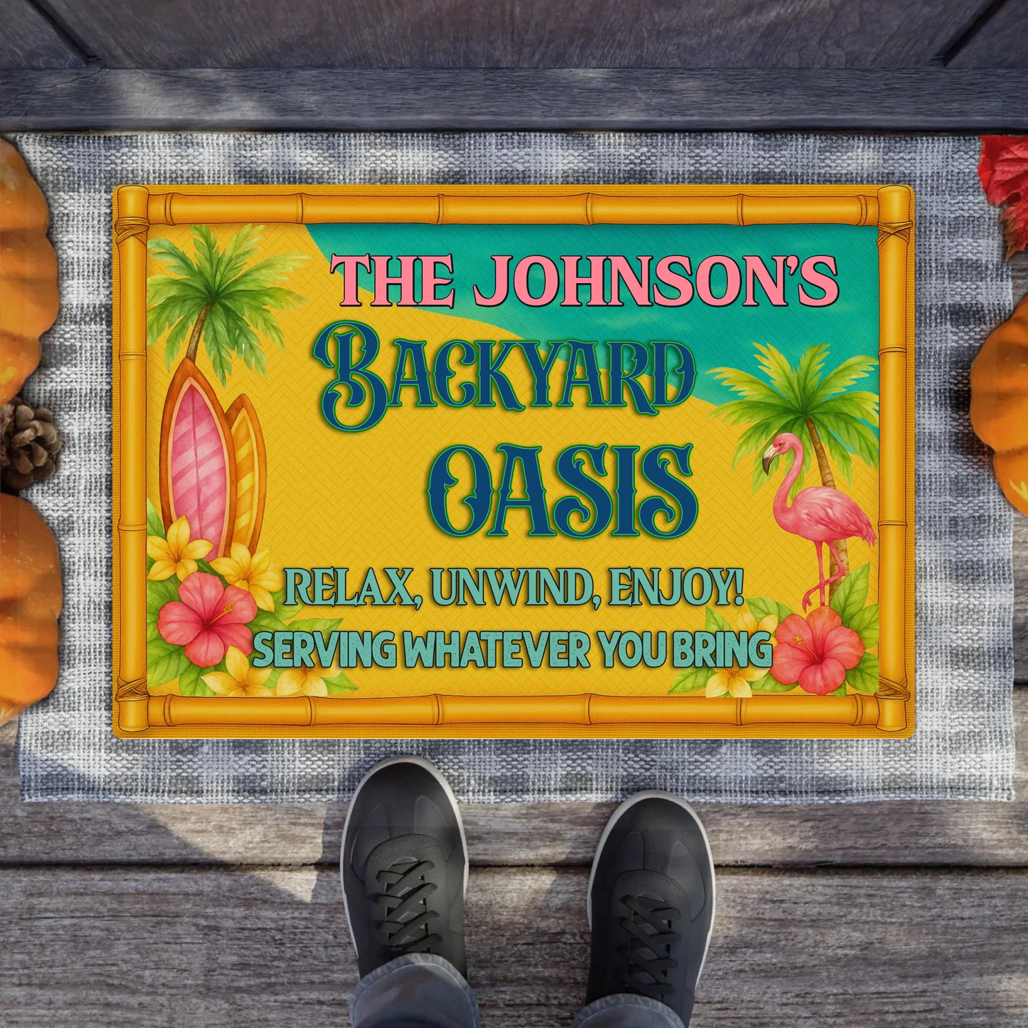 Personalized Backyard Oasis Doormat - Tropical Welcome Mat - Relax Unwind Enjoy