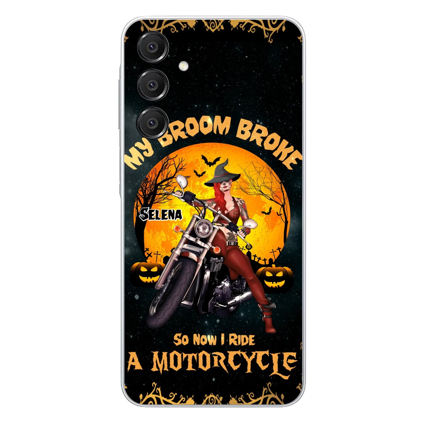 Custom Personalized Witch Phone Case - Upto 4 Dogs - Halloween Gifts For Friends/Dog Lovers - My Broom Broke So Now I Ride A Motorcycle - Case For iPhone/Samsung
