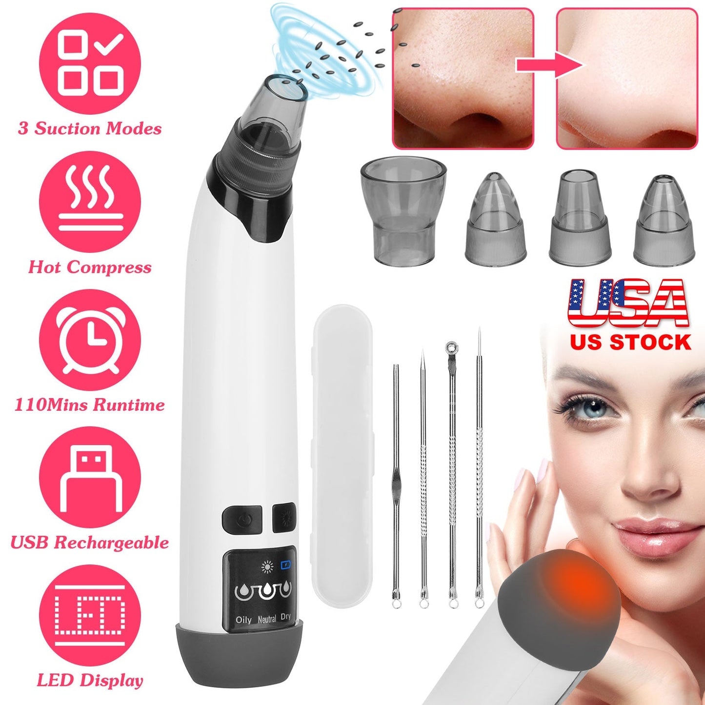 Hot Compress Blackhead Remover Vacuum Electric Pore Extractor Acne Removal Tool with 4 Probes 4 Pimple Popper Tools for All Skins