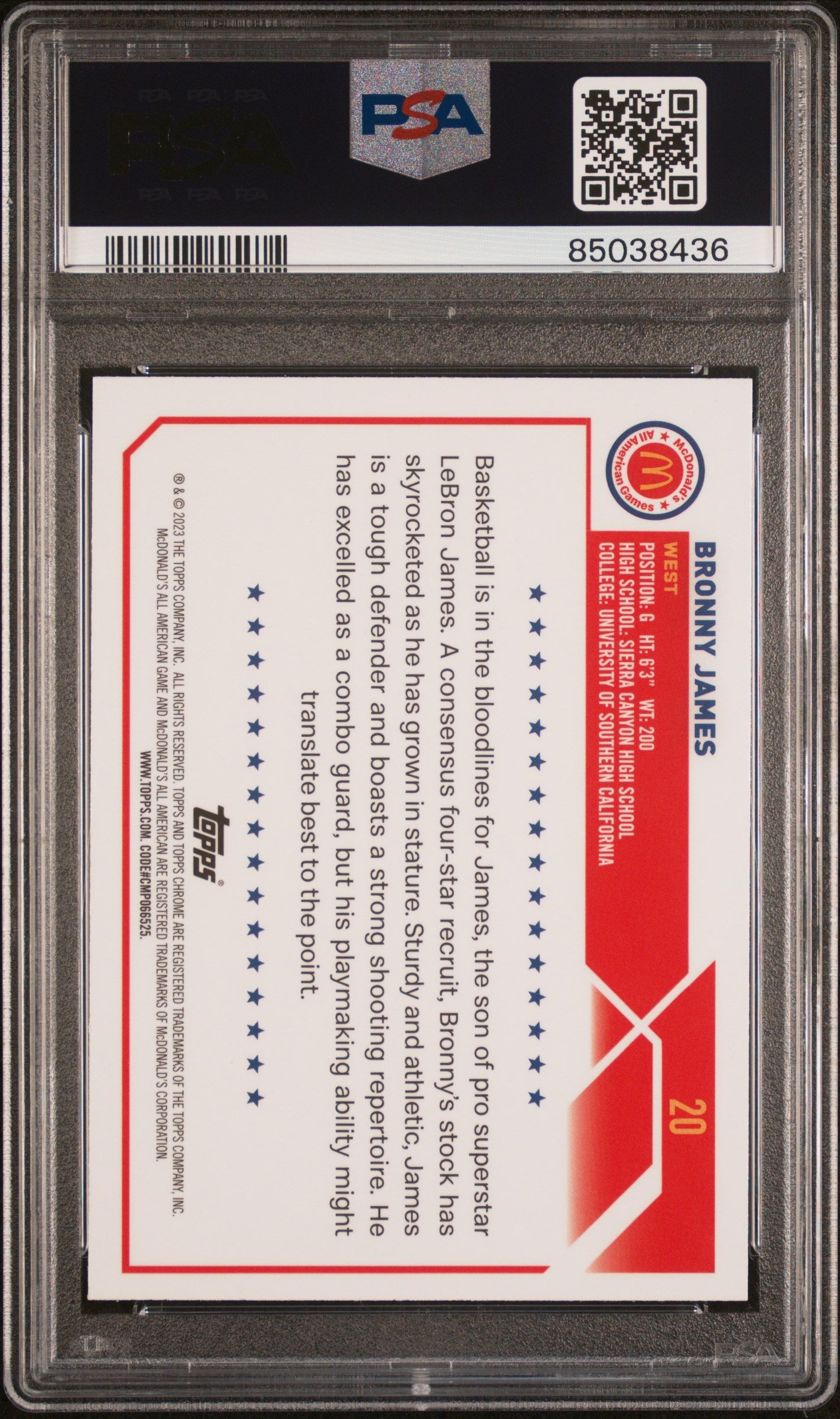 Graded 2023 Topps Chrome Bronny James #20 McDonalds AA Rookie RC Basketball Card PSA 10 Gem Mint