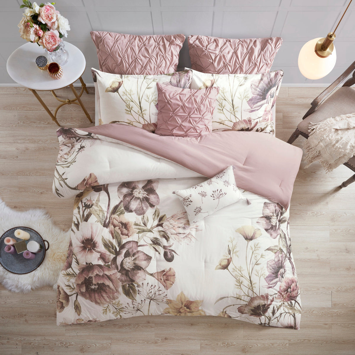 8 Piece Cotton Printed Comforter Set Blush California King