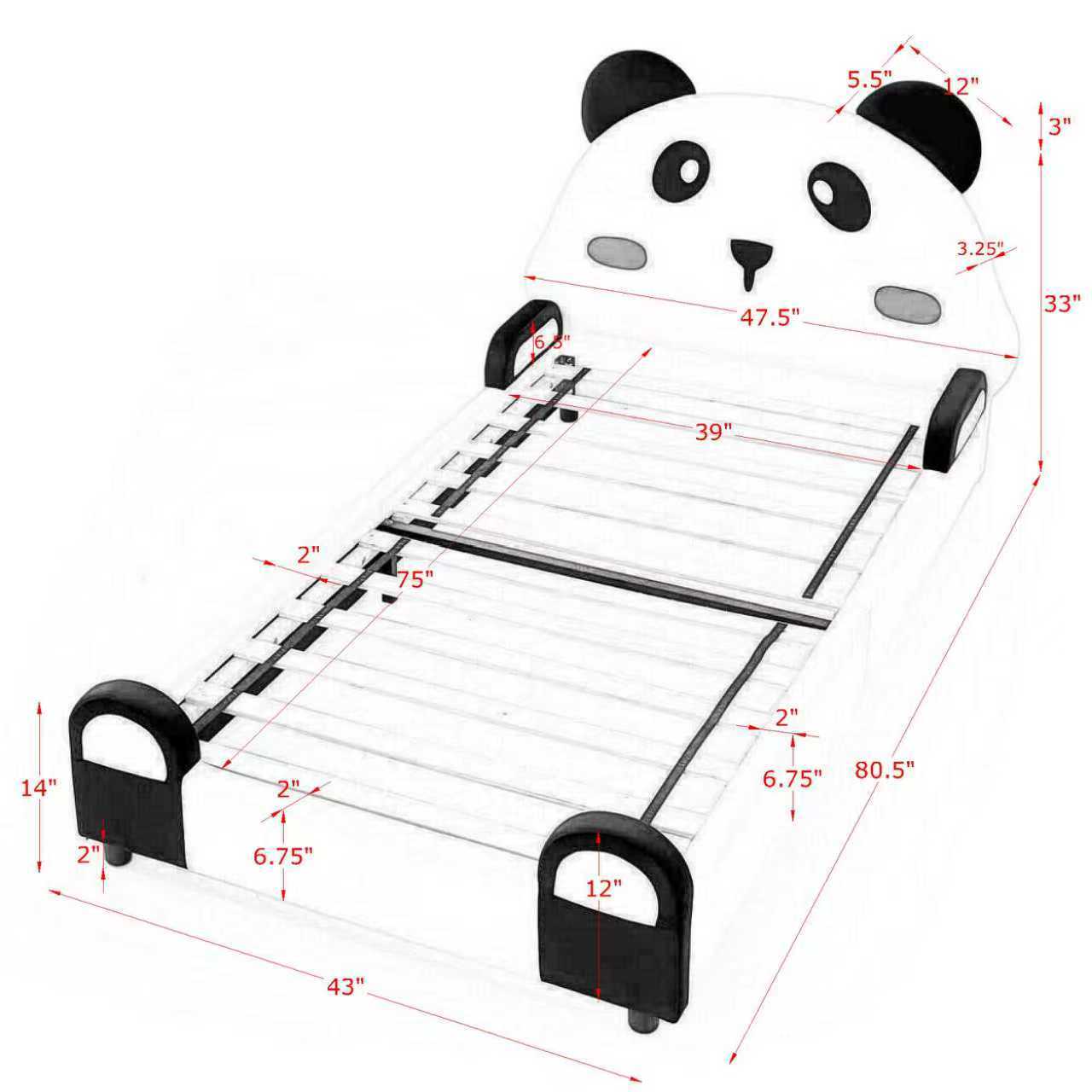 Twin Size Cute Panda-Shaped Kids Bed with Velvet Fabric