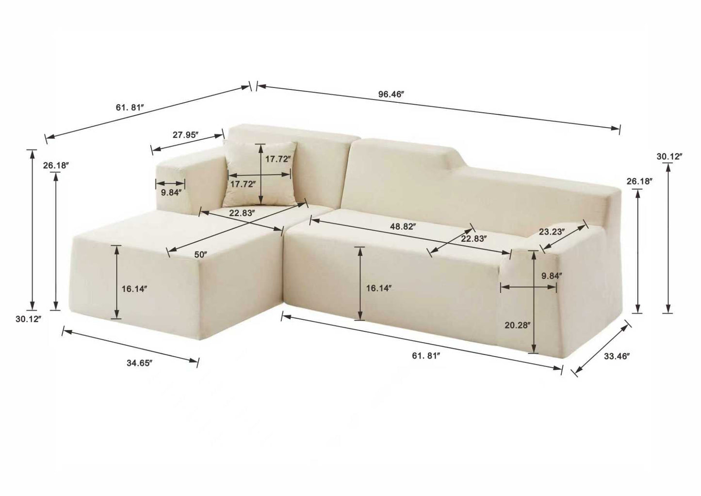 Modern Minimalist L-Shaped Corduroy High Back Sofa