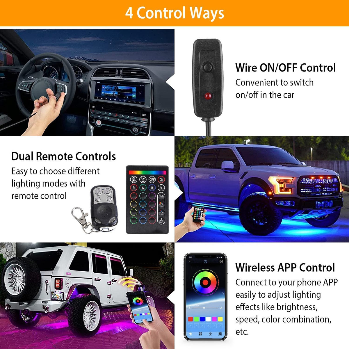 8 Pods RGB LED Rock LightsÊDC12V Car Neon Light Kit IP68 Waterproof Underglow Lights with Double Remote Controls Wireless APP ControlÊfor Jeep Truck U