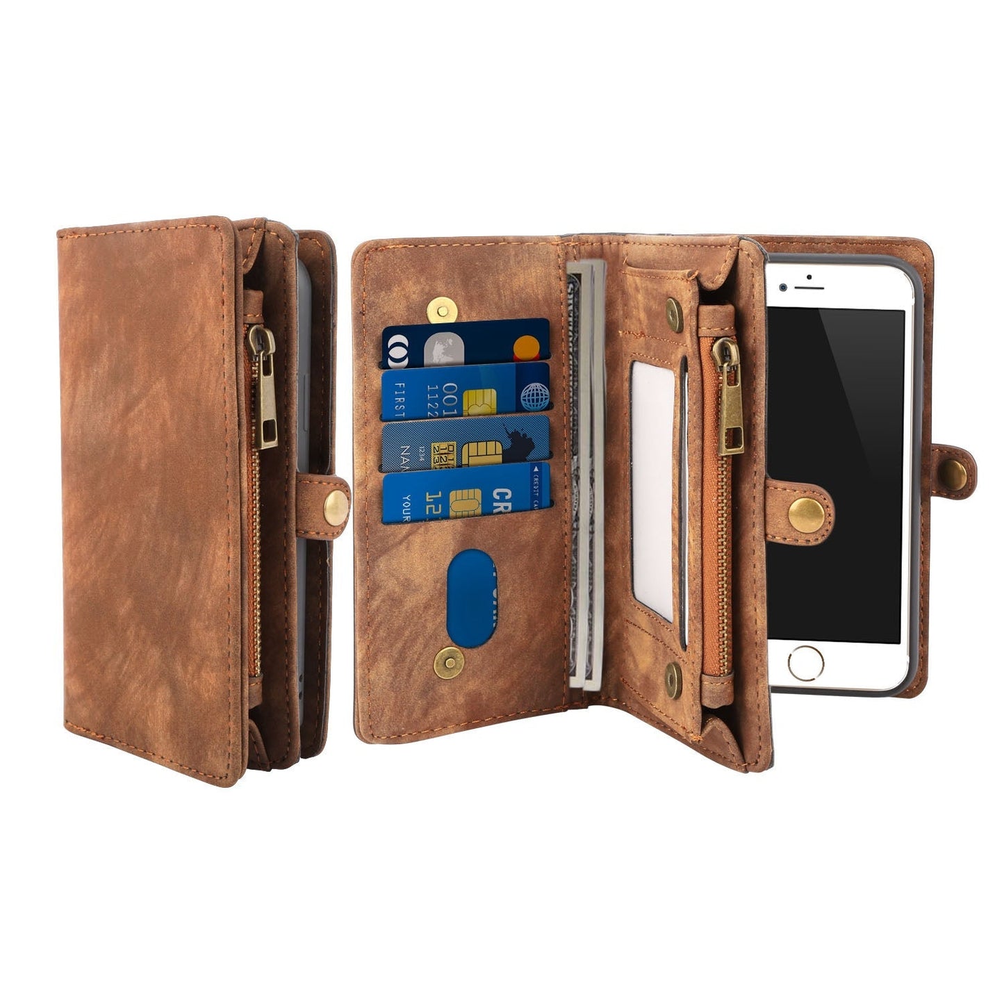 Phone Wallet Case For iPhone 8 Portable Wallet Case 2 in 1 Leather Zipper Magnetic Detachable 13 Card Slots Money Pocket Clutch Cover W/ID Widows