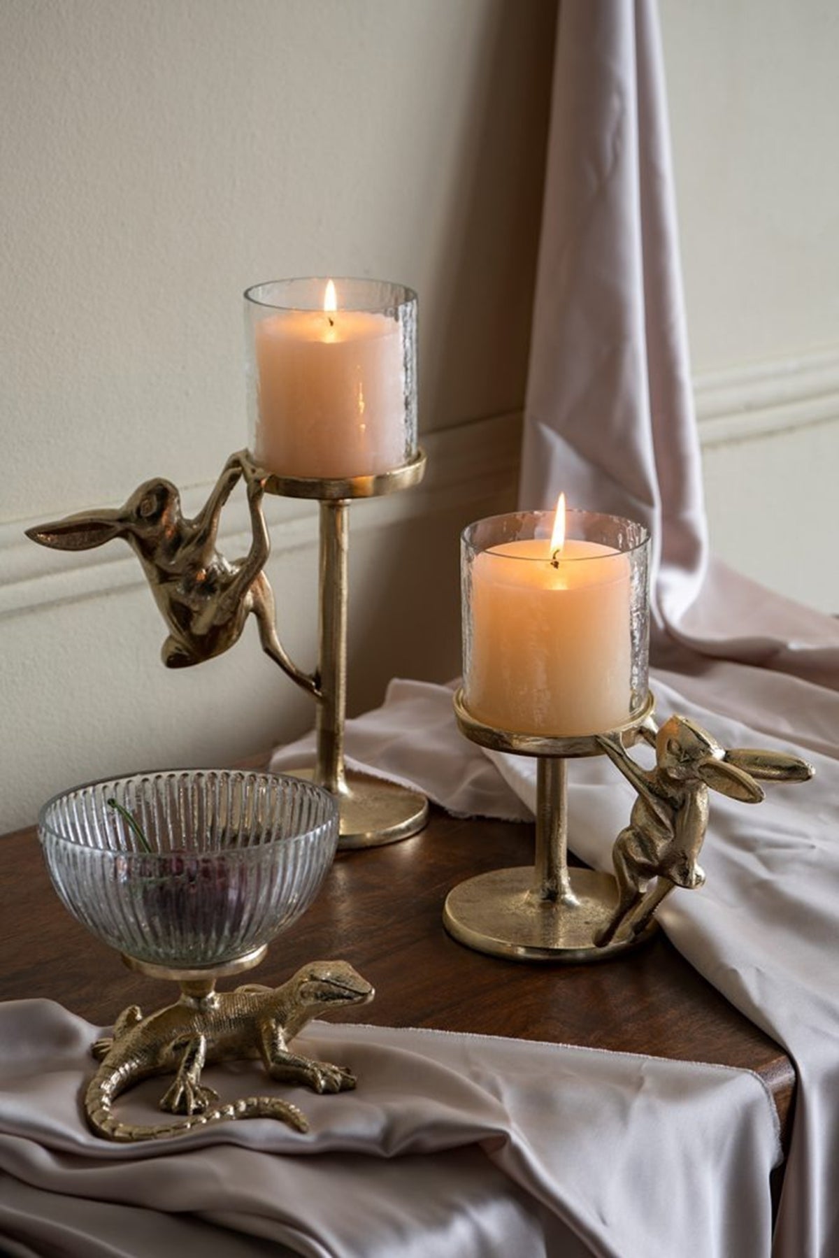 Set of 2 Gold Rabbit Pillar Candle Holders with Clear Glass Hurricane Shade