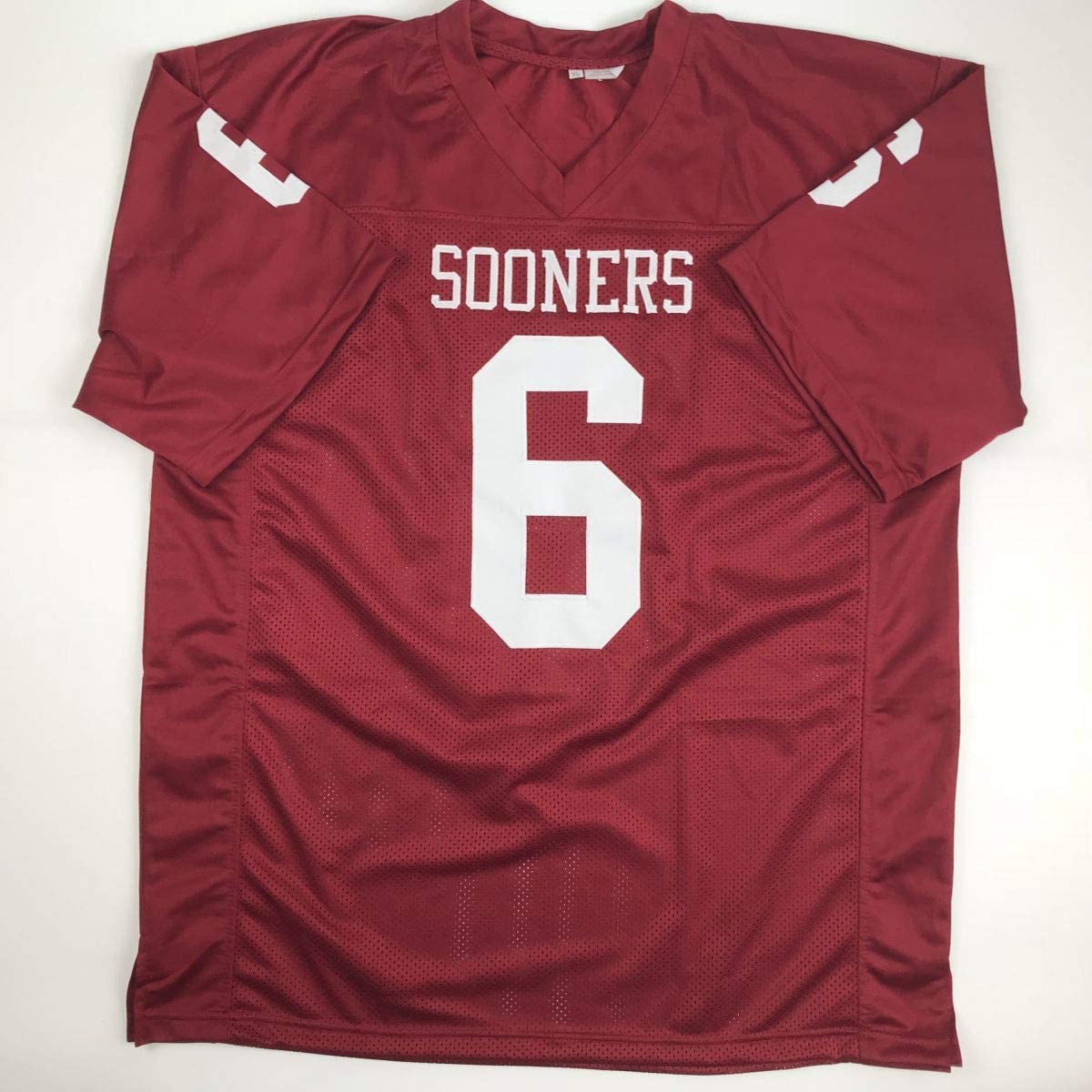Autographed/Signed Baker Mayfield HT 17 Oklahoma Crimson Football Jersey Beckett BAS COA
