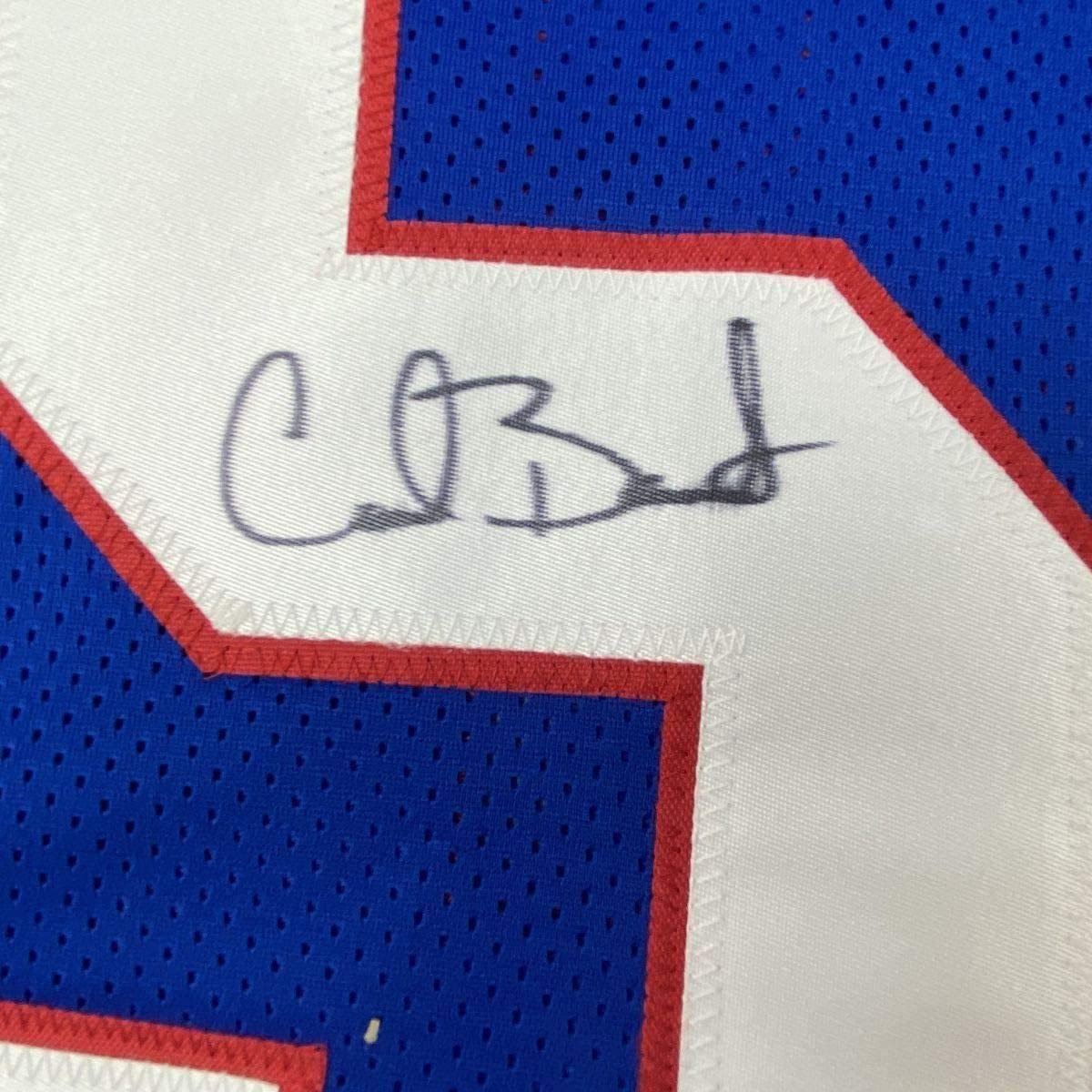 Framed Autographed/Signed Carl Banks 35x39 New York Blue Football Jersey JSA COA