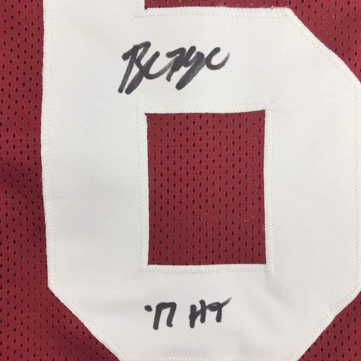 Framed Autographed/Signed Baker Mayfield 17 HT 35x39 Oklahoma Sooners Crimson Red College Football Jersey JSA COA