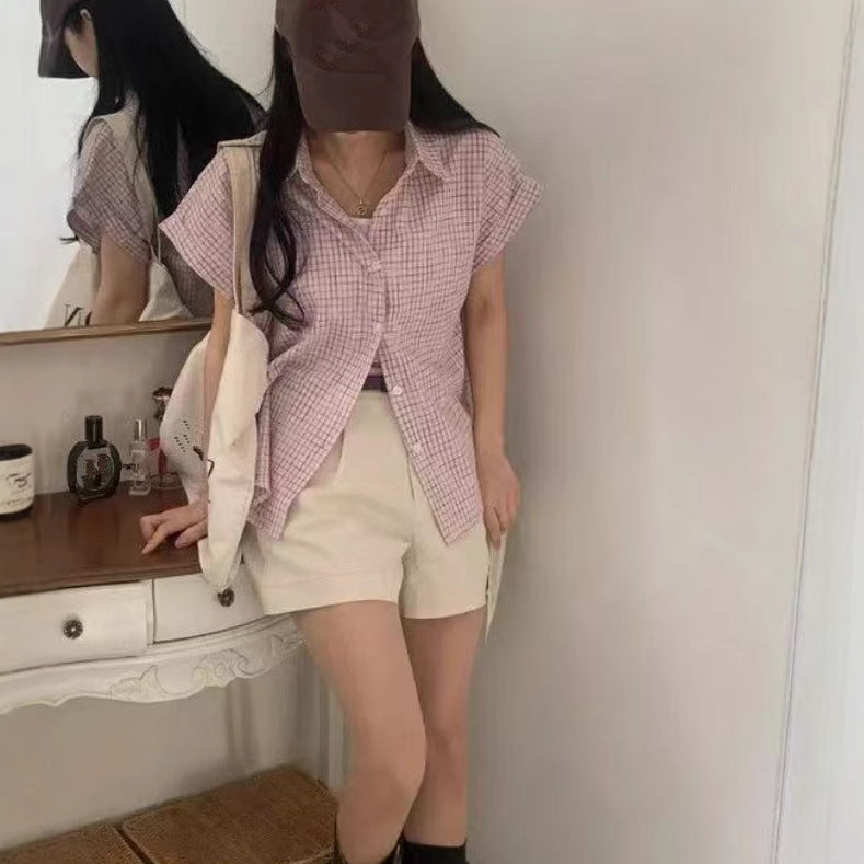 Womens Loose Korean-Style Retro Color-Block Plaid Short-Sleeve Shirt