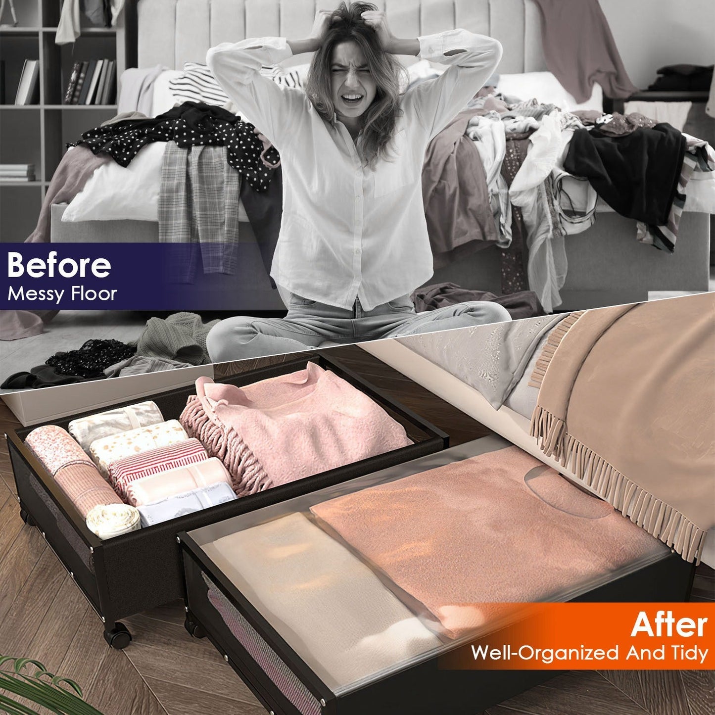 2Pcs Under Bed Storage Containers with 360¡ Rotatable Wheels Visible Dustproof Cover Under Bed Drawer with Clear Window Bedroom Storage Organizer