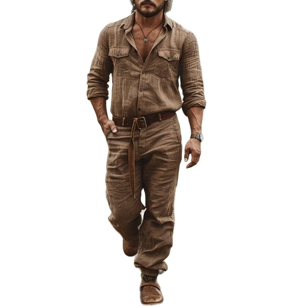 Mens Retro Outdoor One-Piece Trousers With Lapel Collar And Long Sleeves