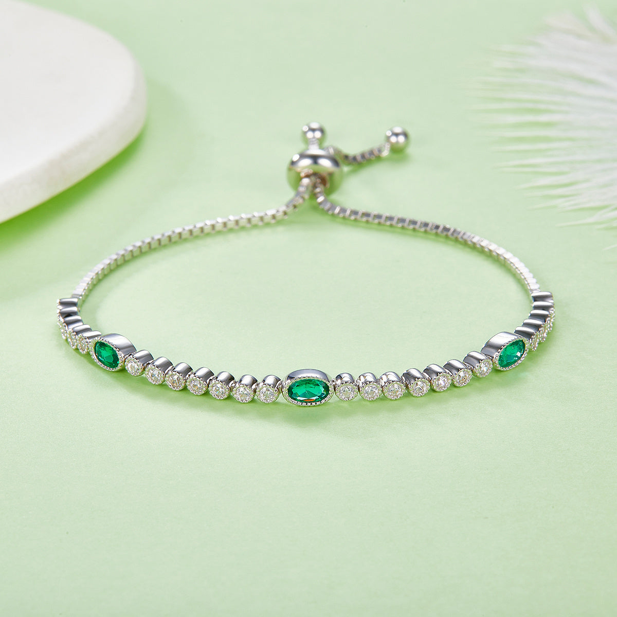 S925 Sterling Silver Adjustable Slider Bracelet, 5x3mm 3-Stone Lab-Grown Emerald Box Chain, Platinum Plated 6.5g Fine Jewelry Gift Box