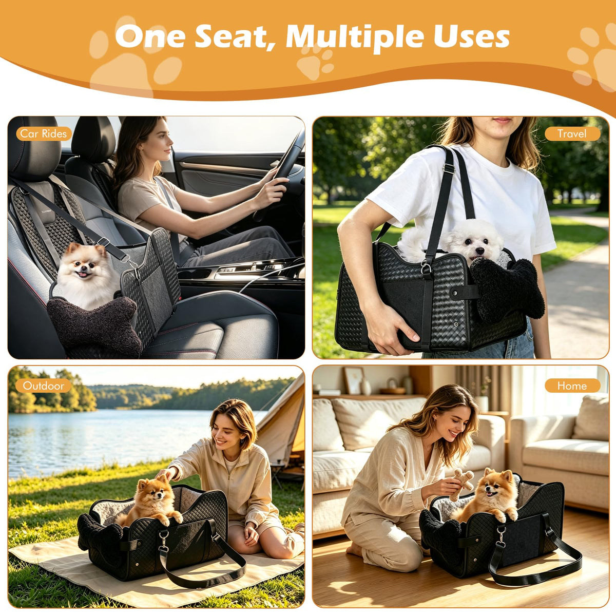Center Console Dog Car Seat For Small Dogs, Dog Booster Seat To 15lbs Portable Puppy Car Seat With Adjustable Straps, Storage Pocket, Anti-Collapse, Washable Reversible Seat Cushion Black