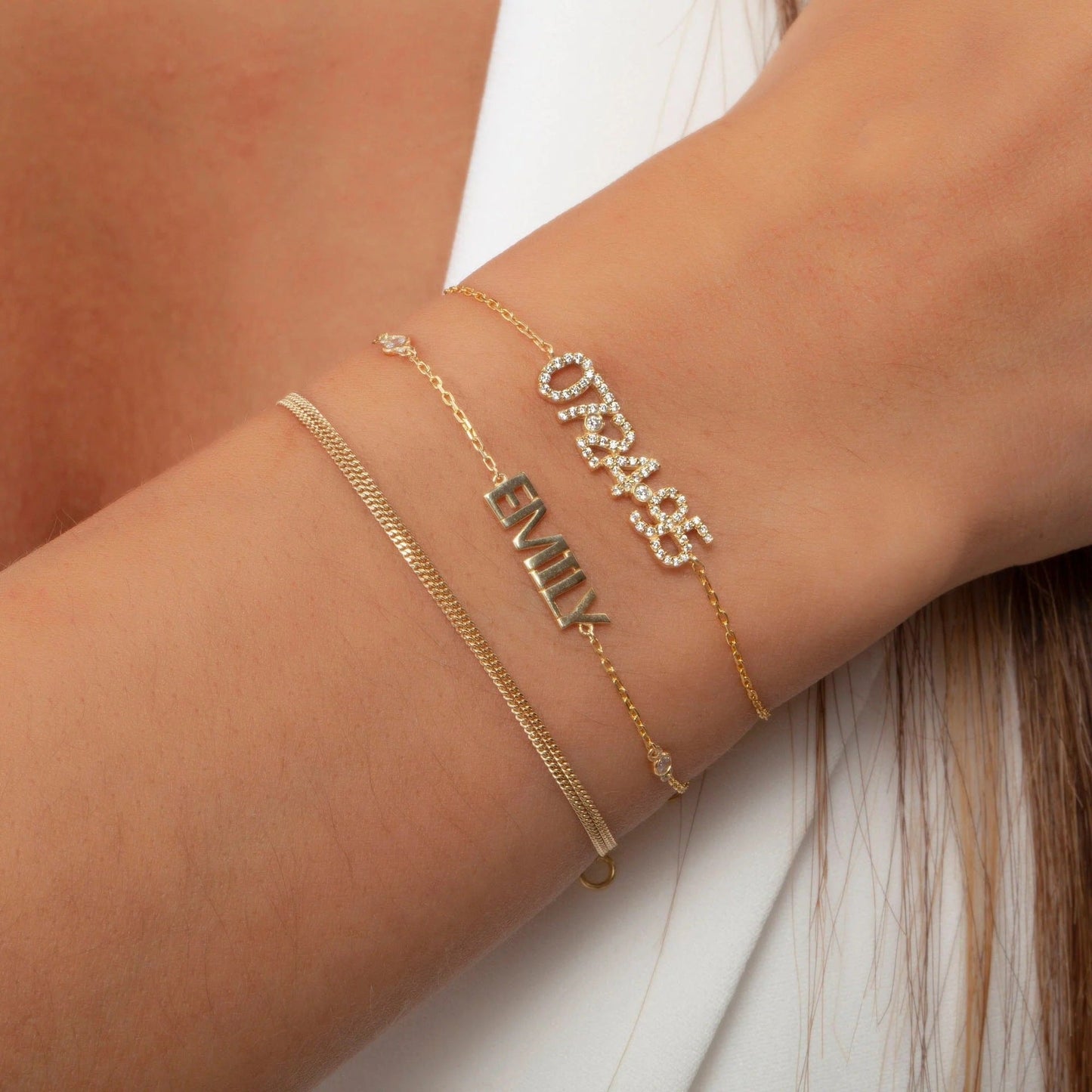 Gold Personalized 925 Sterling Silver Full Pave Diamond Year Bracelet | Custom DIY Number Digital Date Charm Bracelet for Women, Jewelry Gift for Her