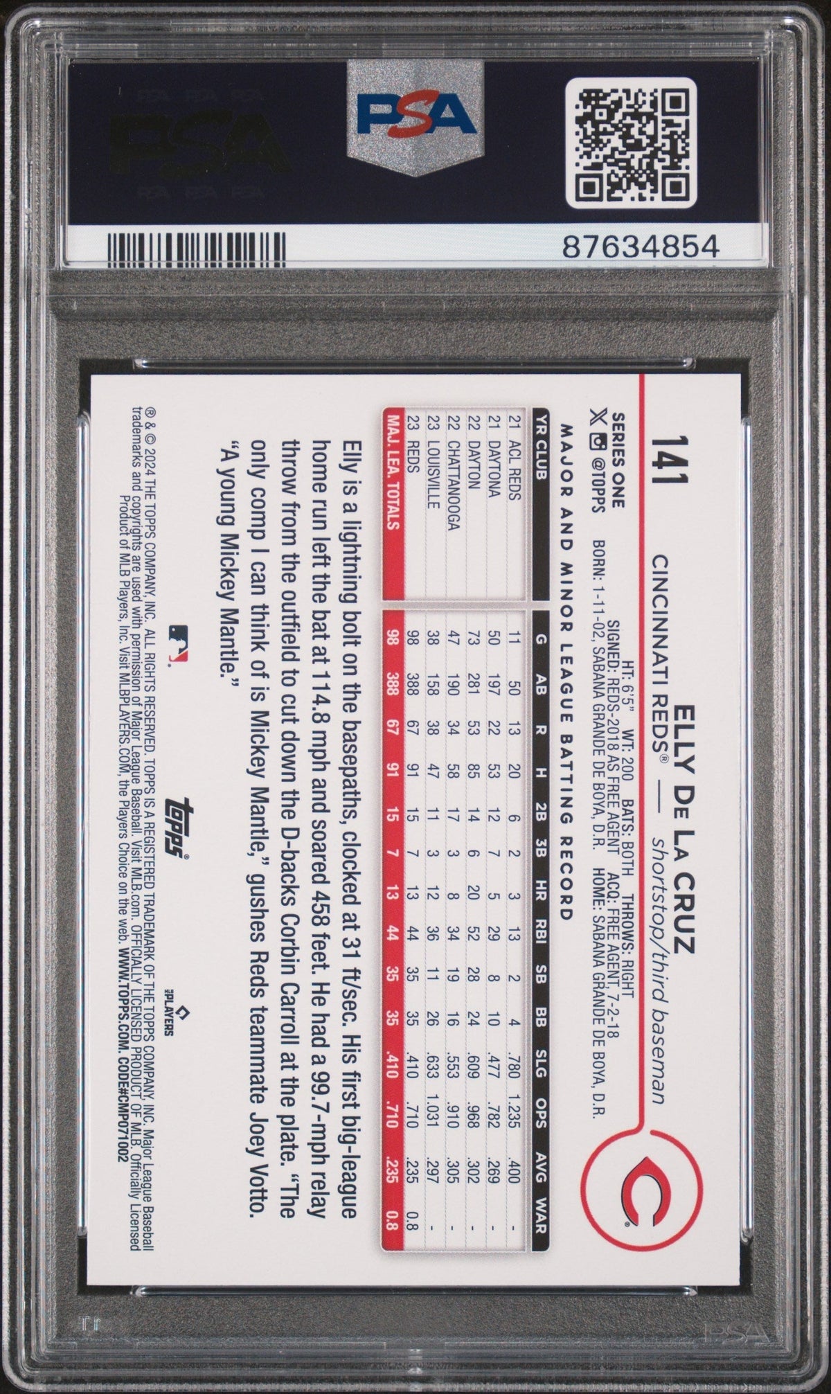 Graded 2024 Topps Elly De La Cruz #141 Rookie RC Baseball Card PSA 9 Mint