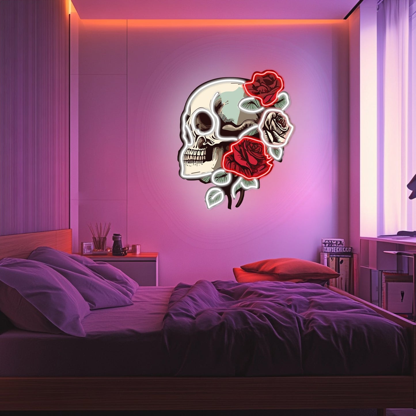 UV Printed Skull Blooms Neon Wall Art- LV0030