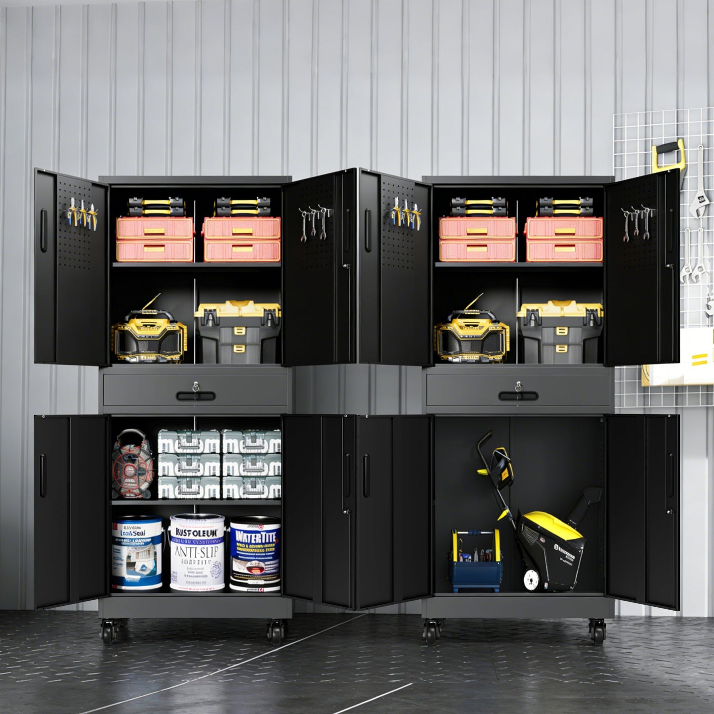 Metal Storage Cabinet with Drawer, Locking Doors, and Rolling Wheels