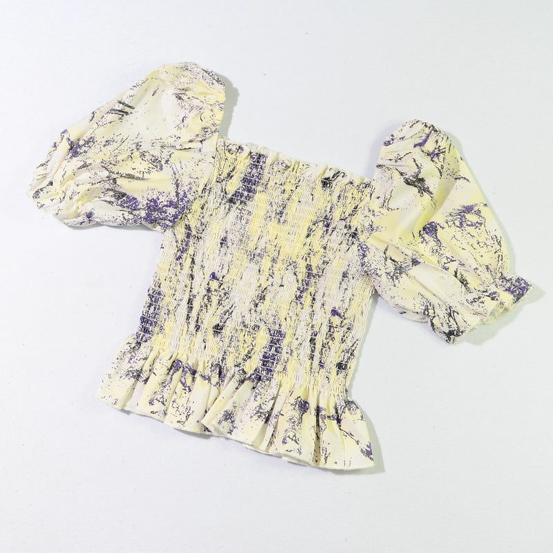 Slim Blouse French Style Tops Leaves Flower Print Shirt women Elastic Body women's clothing official