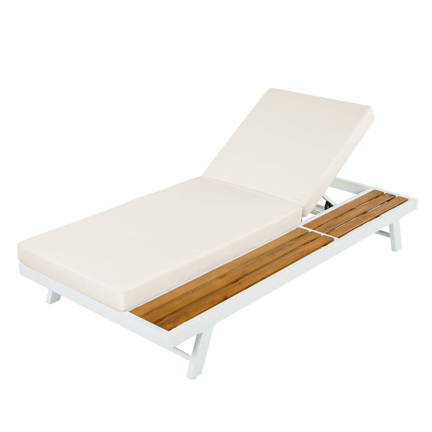 White Iron and Teak Finish Chaise Lounge Set with Cream Cushion