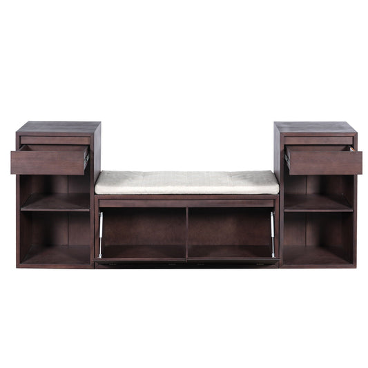 Entryway Storage Bench With Cushion, Drawers & Open Shelves