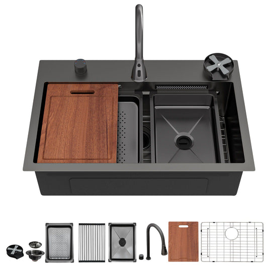 Drop In Waterfall Kitchen Sink With Pull-Out Faucet & Cup Washer