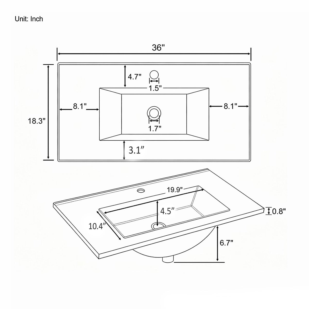 36" Ceramic Basin Sink, 0.8" Ultra-Thin Profile