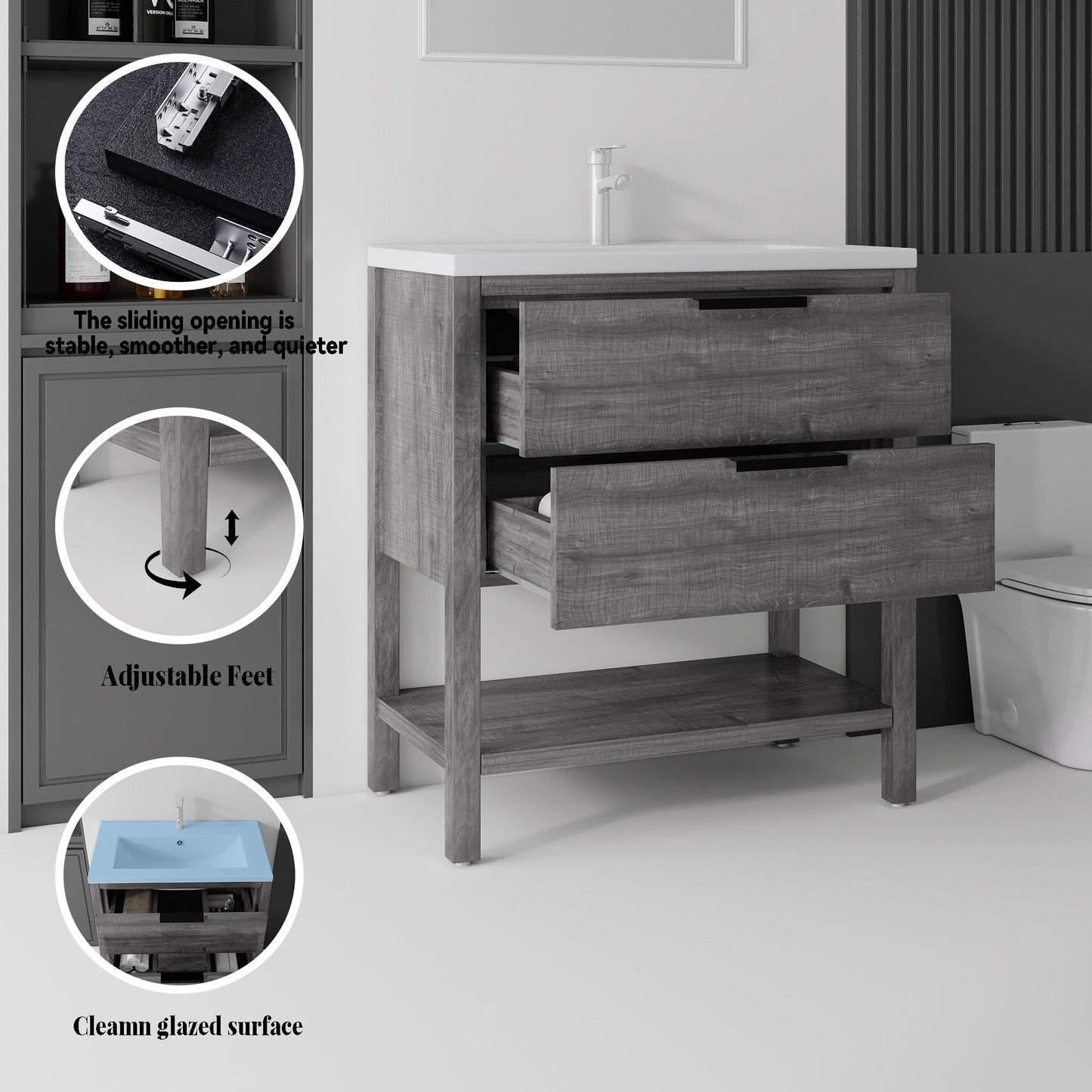 36 Inch Freestanding Bathroom Vanity with Sink, Soft-Close Drawer, Ceramic Sink, Plywood