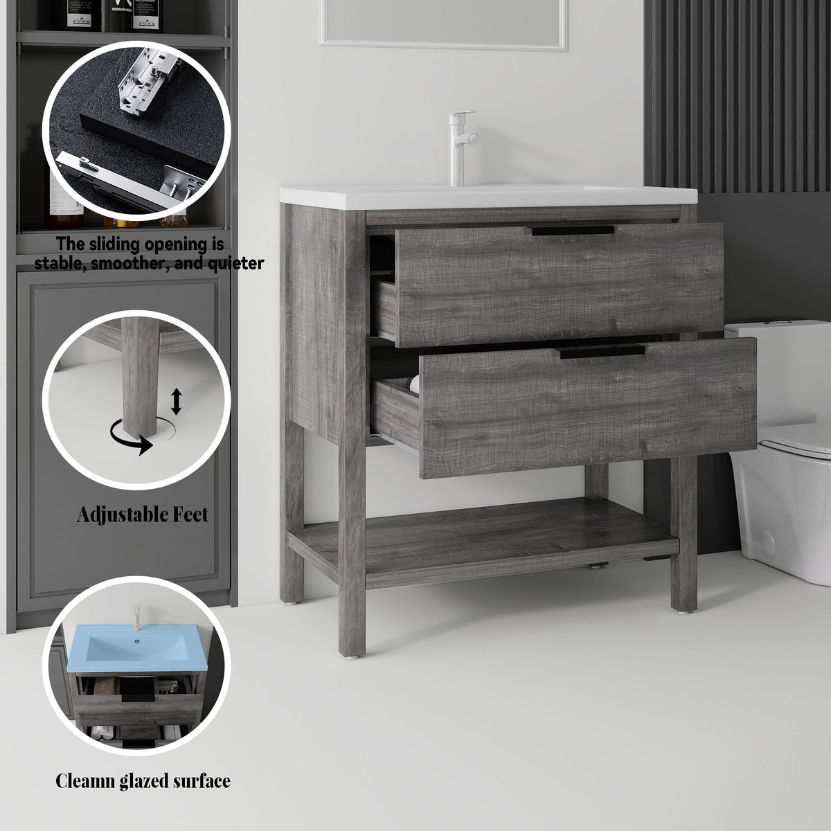 36 Inch Freestanding Bathroom Vanity with Sink, Soft-Close Drawer, Ceramic Sink, Plywood